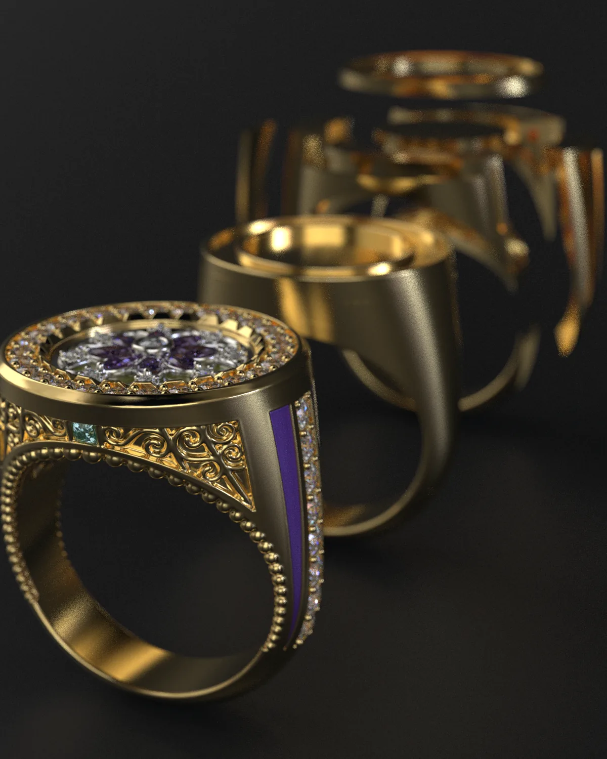 A CryptoJeweler signet ring shown exploded into its separate production parts, in yellow gold with a set stone