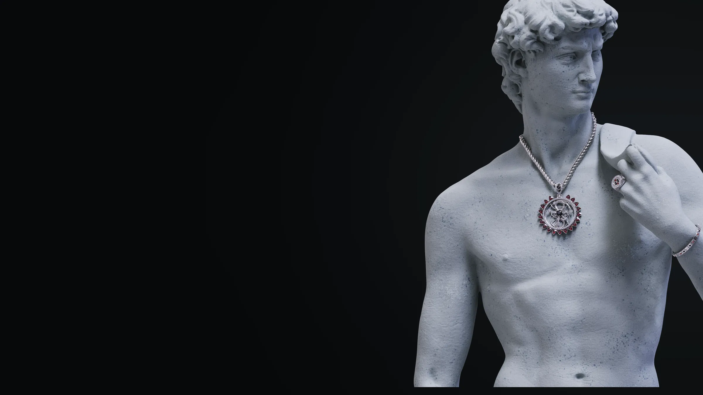 A CryptoJeweler pendant hanging on a gold franco chain: a diamond-set maze face in yellow gold with sapphire, emerald and ruby markers